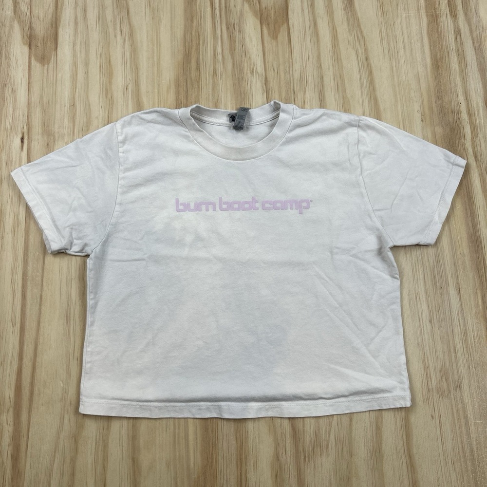 Burn Boot Camp Women's White Cropped Jersey T-Shirt Medium Cute Gym Workout